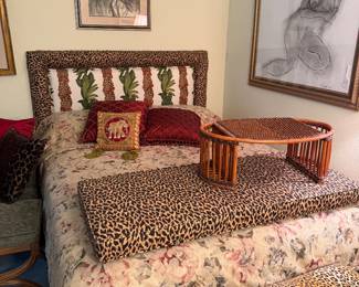 Queen, jungle leopard print, headboard, and cushion
