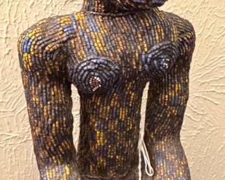 Cameroon carved wood & glass beaded tribal art