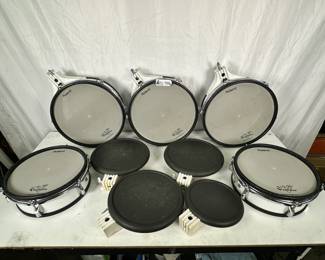 Lot 126: Lot Of (9) V-Drum Electronic Percussion Pads & Rack Including (1) Roland MDS-10 Drum Rack, (3) Roland PD-120 Mesh V-Pads, (2) Roland PD-100 Mesh V-Pads, (2) Roland PD-9 Dual-Trigger Pads, (1) Roland PD-7 Dual-Trigger Pad
