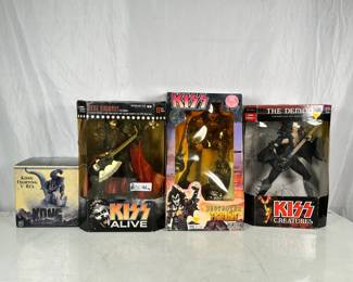 Lot 121: Lot Of (4) Limited Edition Film & Rock Memorabilia Statues Including (1) Weta Collectibles Kong Fighting V-Rex Statue, (1) McFarlane Toys KISS Creatures The Demon Limited-Edition Exclusive Figure, (1) Top Shelf Collectables KISS Destroyer Figurine Gene Simmons, (1) McFarlane Toys KISS Alive Gene Simmons The Demon Figure