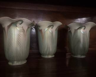 Quezal Green Pulled Feather Glass Lamp Shades