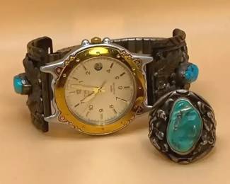 Vintage Mens Sterling Silver Southwestern Style Watch  Ring
