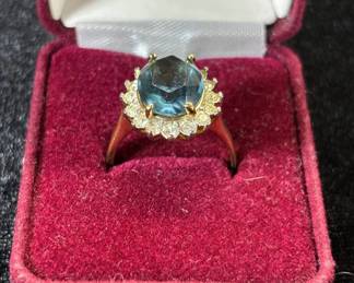 Lot #61 14kt Gold Blue Oval Faceted Stone Halo Cluster Cocktail Ring