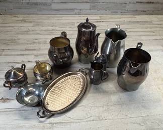 Lot #117 Vintage Silver Plate Holloware Lot Teapot Pitchers Tray Sugar Creamer Bowl