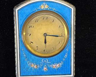Lot #68 Swiss Sterling Silver Blue Guilloche Enamel 8-Day Travel Clock H.A.S. Geneve