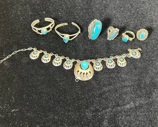 Lot #228 Native American Style Silver Turquoise Jewelry Lot Cuff Bracelets Rings Bear Paw Bracelet