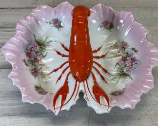 Lot #165 Antique Porcelain Lobster Figural Handle Serving Dish Pink Floral Silver Trim