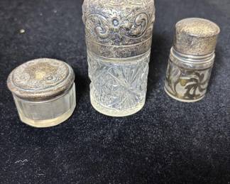 Lot #79 Antique Victorian Cut Glass Vanity Jars Sterling Silver Lids Set of 3