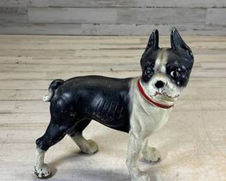 Lot #169 Antique Plaster Boston Terrier Dog Doorstop Black White Red Collar 1920s