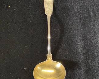 Lot #80 Antique Sterling Silver Sauce Ladle Fiddle Thread Pattern Gilt Bowl Script Monogram