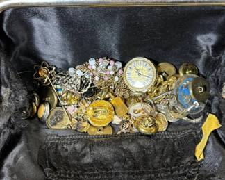 Lot #95 Vintage Costume Jewelry Lot Gold Tone Chains Buttons Charms Webster Watch Purse