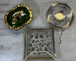 Lot #171 Georges Briard Mid Century Gold Glass Tray Lazy Susan Green Gold Ceramic Dish Lot
