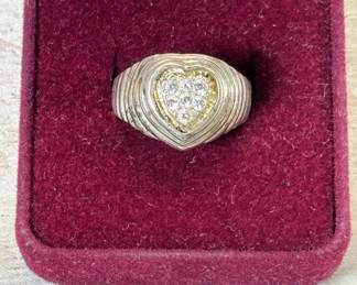 Lot #162 Vintage Sterling Silver 925 Two-Tone Heart Ring Gold-Tone Pave CZ Ridged Band 1980s