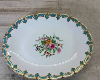 Lot #164 Antique Porcelain Oval Serving Bowl Turquoise Gold Floral Bouquet Sevres Style