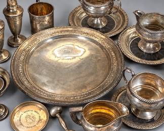 Lot #7 Mixed Sterling & Silver Plate Holloware Lot Tray Creamers Shakers Cups 1900s