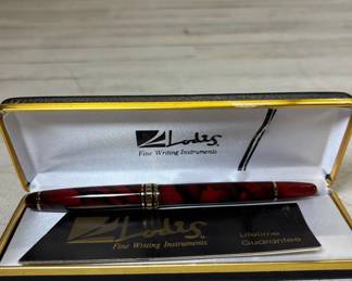 Lot #91 Lodis Fine Writing Instruments Rollerball Pen Red Black Marbled Resin Gold Trim Box