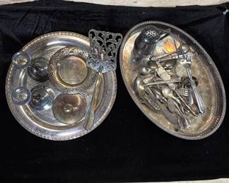 Lot #132 Silver Plate Flatware Serving Tray Lot Candlesticks Shaker Trivet Mixed Estate