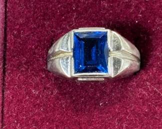 Lot #161 Vintage Men's Silver Tone Ring Emerald Cut Blue Stone Art Deco Style