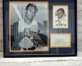 Lot #140 Roberto Clemente Pirates Signed Cut Autograph Perez-Steele Card B&W Photo Framed