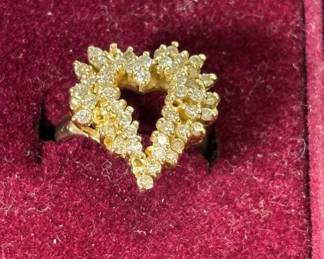 Lot #67 14K Yellow Gold Open Heart Cluster Ring Round White Stones Prong Set Cocktail