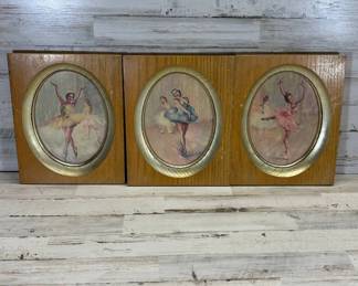 Lot #166 Vintage Ballerina Print Set 3 Oval Gilt Frame Wood Plaque Mid Century Wall Art