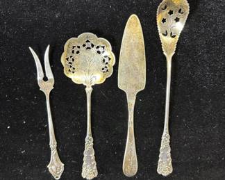 Lot #84 Antique Sterling Silver Serving Set 4pc Pierced Spoon Cake Server Pickle Fork Victorian