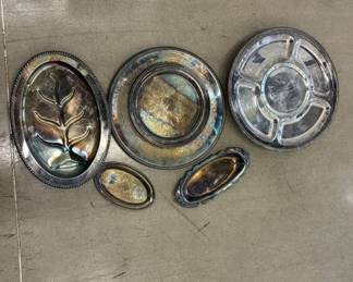Lot #119 Vintage Silver Plate Serving Tray Lot 5pc Lazy Susan Meat Platter Relish