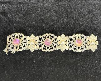 Lot #104 Vintage Mexican Sterling Silver Amethyst Cabochon Filigree Panel Link Bracelet
