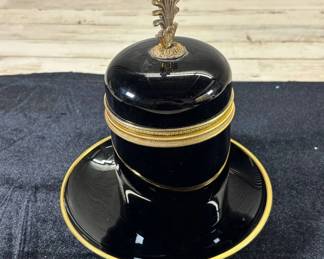 Lot #133 Black Glass Inkwell Desk Set Gold Brass Acanthus Finial Lid Tray Empire Neoclassical Style