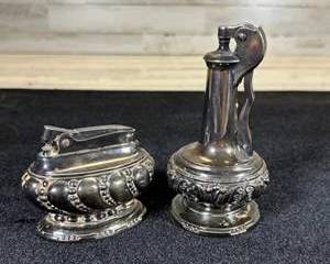 Ronson Crown Silver Plate Table Lighter Set 2pc Baroque Repousse Newark NJ USA