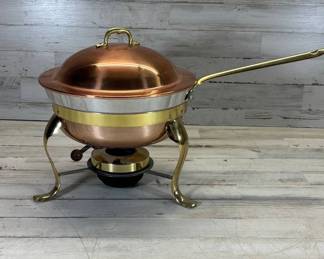 Lot #175 Copper Brass Chafing Dish Set with Dome Lid Stand Alcohol Burner Fondue