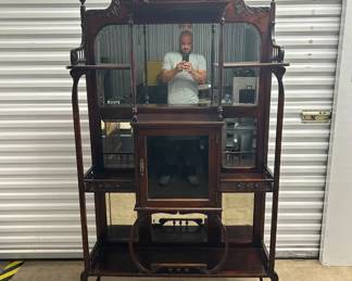 Lot #178 Antique Victorian Mahogany Etagere Display Cabinet Mirrored Back Carved