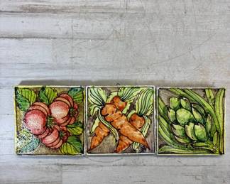 Lot #163 Hand Painted Italian Majolica Ceramic Vegetable Wall Tiles Set of 3 Kitchen