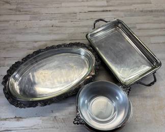 Lot #118 Silver Plate Serving Set Lot Oval Tray Rectangular Butler Tray Bowl w/ Pyrex Inserts