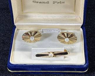 Lot #59 Grand Prix Cultured Pearl Gold Tone Cufflinks Tie Bar Set Mid Century Men