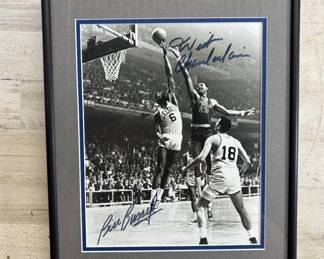 Lot #266 Wilt Chamberlain Bill Russell Dual Signed B&W NBA Photo Framed Autograph