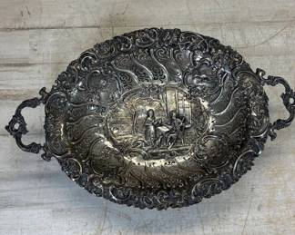 Lot #170 Antique Silver Plate Oval Repoussé Two-Handle Bowl Dutch Pastoral Scene Rococo