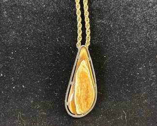 Lot #138 Teardrop Shell Cabochon Pendant-Brooch Necklace Sterling Silver Open Frame Gold Rope Chain