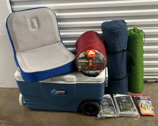 Lot #197 Coleman Xtreme Wheeled Cooler Camping Lot Sleeping Bags Sleep Pad Rain Ponchos