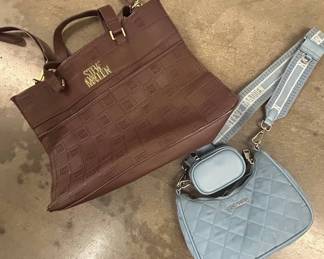 Lot #246 Steve Madden Brown Embossed Logo Tote Bag & Blue Quilted Crossbody Bag Set