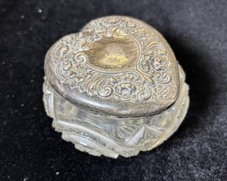Lot #83 Antique Heart Shape Cut Glass Dresser Jar Sterling Silver Lid Victorian