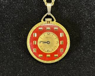 Lot #77 Trice Swiss Made Pendant Watch Red Enamel Gold Tone Necklace Vintage 1960s