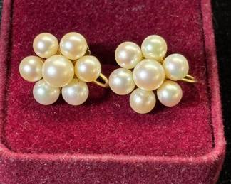 Lot #54 Vintage Pearl Cluster Flower Earrings 14kt Gold Screw Back Mid Century