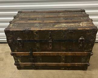 Lot #180 Antique Victorian Flat Top Steamer Trunk Wood Iron Hardware Late 1800s