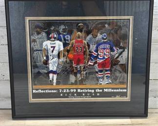 Lot #43 Rick Rush Signed Print Elway Jordan Gretzky Reflections 7-23-99 Retiring Millennium #1067/5000