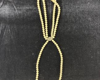 Lot #137 Vintage Double Strand Faux Pearl Necklace 835 Silver Rhinestone Flower Clasp Cream