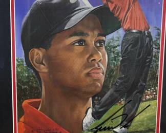 Lot #272 Tiger Woods Signed Framed Portrait Art Print Golf Autograph Nike Red Shirt
