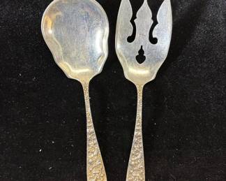 Lot #85 Stieff Sterling Silver Repousse Floral Salad Serving Set Spoon & Pierced Fork 2pc