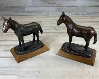 Lot #221 Pair Bronze-Tone Metal Mule Donkey Figurines Western Sculptures Wood Bases