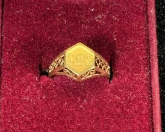 Lot #113 Antique 14K Gold Hexagonal Signet Ring Engraved Monogram Filigree Shank c1920s